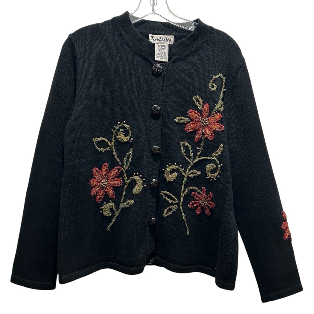 VTG Timberlea Black Ramie Cotton Blend Floral Embroidered Cardigan - Medium
